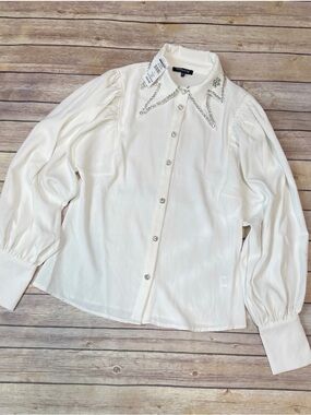 CQ by CQ Women's Jeweled Collar Ballon Sleeve Button Down Shirt Off White  S